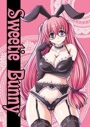 bunny_ears frills glasses huge_breasts lingerie original pink_hair purple_eyes smile thigh_highs tonpuu very_long_hair