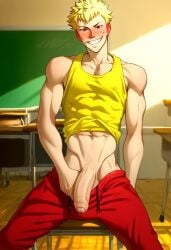 1boy abs ai_generated aroused biceps big_penis blonde_hair blush classroom clothed cocky looking_at_viewer male male_only muscular muscular_arms muscular_male naughty_face nipples pants_down pecs penis persona_5 presenting presenting_penis ryuji_sakamoto showing_penis sitting smile smiling_at_viewer smirk smirking_at_viewer solo solo_male sweatpants tank_top toned_body toned_male twall97