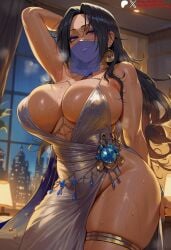 ai_generated arm_behind_head arm_up armpits bangs bare_shoulders black_hair blue_nails blush breasts cattleya_baudelaire cleavage clothing curvy dark-skinned_female dark_skin dress duxvector earrings evening_gown female female_only grin huge_breasts indoors jewelry lamp large_breasts long_hair looking_at_viewer mole mole_on_breast mole_under_eye mole_under_mouth mouth_veil nail_polish night no_panties parted_bangs parted_lips patreon_logo patreon_username plunging_neckline purple_eyes side_slit sideboob silver_dress skindentation smile solo sweat thick_thighs thighlet thighs veil violet_evergarden wet white_dress window