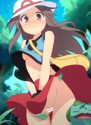 blush blushing breasts brown_eyes brown_hair censored curakuru embarrassed green_(pokemon) leaf_(pokemon) no_bra no_panties pokemon pokemon_frlg pussy underboob upskirt windy_day windy_skirt