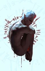 anatomically_correct artistic_nude artistic_nudity astarion back_muscles back_view baldur's_gate baldur's_gate_3 digital_painting_(artwork) fetal_position looking_back male_focus male_only no_visible_genitalia opoccult pinup solo_male