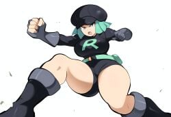 1boy ai_generated female green_hair large_breasts mullon novelai pokemon pokemon_sm pov solo team_rainbow_rocket team_rainbow_rocket_grunt team_rainbow_rocket_grunt_(female) team_rocket thick_thighs wide_hips