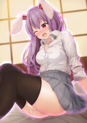 animal_ears aroused black_thighhighs blurry blurry_background blush breasts collared_shirt commentary_request dress_shirt female female_masturbation fingering glowing grey_skirt hair_between_eyes highres indoors knees_up long_hair long_sleeves masturbation medium_breasts miniskirt nose_blush on_bed one_eye_closed open_mouth pleated_skirt purple_hair rabbit_ears rabbit_girl raised_eyebrows red_eyes reisen_udongein_inaba saliva shirt sitting skirt sleeves_rolled_up solo suigetsu_(watermoon-910) sweat thighhighs thighs touhou white_shirt