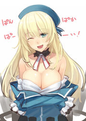 atago_(kantai_collection) bare_shoulders blonde_hair blush breasts cleavage detached_collar female green_eyes hat kantai_collection large_breasts long_hair looking_at_viewer military military_uniform off_shoulder open_mouth pan-pa-ka-paaan! personification pointy_chin prime rough simple_background smile solo translated uniform white_background