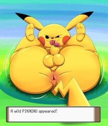 absurd_res anus ass balls big_butt biped gameplay_mechanics genitals glistening glistening_anus grass hi_res humanoid_genitalia humanoid_penis lying male motion_lines nintendo on_back penis pikachu plant pokemon pokemon_(species) simple_background smile smiling_at_viewer smirk smirking_at_viewer solo spread_butt spread_legs spreading tail tepigfan101 text text_box tongue