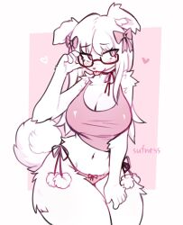 anthro anthro_female artist_name ass_bigger_than_head canine cleavage dog_ears dog_girl female female_anthro furry furry_female furry_only glasses glasses_on_head hand_on_glasses hand_on_thigh heart hearts_around_body huge_ass huge_breasts long_hair minimal_color no_pants panties pink_clothing pinup simple_coloring stomach tank_top tongue tongue_out white_fur white_hair