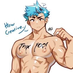 abs bara biceps big_chest big_pecs black_liquid blue_hair brown_eyes denbe_(sachuman) gay huge_chest huge_pecs male male_only muscular muscular_male sachuman speech_bubble text writing_on_breasts