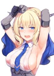 areolae armpits arms_up blonde_hair blue_eyes blush bob_cut braid breasts cai_geng capelet colorado_(kantai_collection) commentary_request covered_nipples elbow_gloves eyebrows_visible_through_hair female french_braid gloves hat kantai_collection large_breasts mini_hat necktie nipples open_mouth see-through shirt short_hair side_braid sideboob simple_background sleeveless sleeveless_shirt solo sweat underbust upper_body white_background