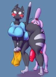 anthro big_penis bite black_body blush bottomwear clothing domestic_cat duo felid feline felis female genitals green_eyes heart_symbol hi_res jovi_cap jovi_cap_(oc) lagomorph leporid male male/female mammal original_character pants penis purple_body rabbit shirt text thick_thighs topwear