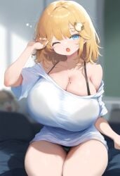 ai_generated ameanon big_breasts black_bra black_panties blonde_hair blue_eyes bra bra_strap breasts cleavage hololive hololive_english hololive_myth huge_breasts large_breasts mole_on_breast mommy off_shoulder on_bed one_eye_closed panties sitting sleepy t-shirt thick_thighs virtual_youtuber vtuber watson_amelia yawn