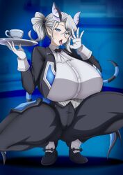 arias_the_labrynth_butler blowjob_gesture blue_eyes blush clothing demon_girl duel_monster female huge_breasts open_legs open_mouth plump sitting spacegorilla01 thick_thighs tongue_out twintails white_hair yu-gi-oh!