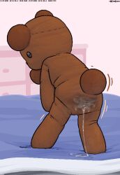 2021 ambiguous_gender animate_inanimate anthro ass bed black_eyes bodily_fluids brown_body brown_fur brown_tail cum cum_on_butt cum_on_partner's_butt fur furniture genital_fluids leaning leaning_forward living_plushie motion_lines on_bed pedrohspacewolfy plushie presenting presenting_hindquarters shaking_butt solo tail teddy_bear