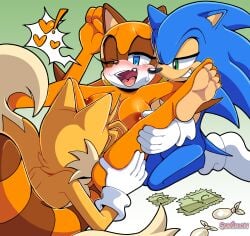 1girls 2boys anthro anthro_on_anthro anthro_only anthrofied artist_name blue_eyes blue_fur blush condom_wrapper cunnilingus filled_condom fur gloves green_eyes marine_the_raccoon nipples open_mouth oral oral_sex sega senshion socks sonic_(series) sonic_the_hedgehog sonic_the_hedgehog_(series) spoken_exclamation_mark spoken_heart tail tails tails_the_fox trio yellow_fur