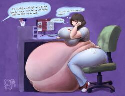 belly big_belly big_breasts dialogue fat female gigantic_belly huge_belly huge_breasts hyper_belly implied_vore office_chair offscreen_character on_chair overweight_female sitting_on_chair spaghetticultists tagme vore vore_belly weight_gain