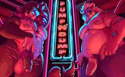 anthro balls chocolate-beverage clothed clothing duo felid fur genitals hi_res lion looking_at_viewer male mammal mane markings moobs neon_lights nipples nude one_eye_closed overweight overweight_anthro overweight_male pantherine penis pubes tiger topless wink