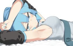 1girls abmayo angry_face armpit_fetish armpits arms_up blue_eyes blue_hair blue_nails blush breasts clothed hatsune_miku laying_down on_back pout short_hair sideboob small_breasts solo solo_female solo_focus tagme upper_body vocaloid