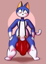 animal_crossing anthro big_penis blue_body blush clothing domestic_cat felid feline felis genitals hi_res jovi_cap male mammal navel nintendo penis red_eyes rover_(animal_crossing) solo tail underwear