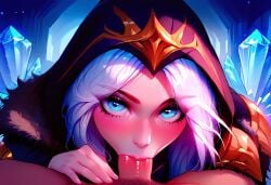 1boy 1girls ai_generated ashe_(league_of_legends) blowjob eye_contact faceless_male fellatio league_of_legends red_lipstick tagme