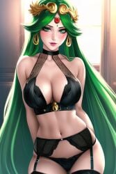 1girls ai_generated black_bra black_lingerie black_panties bra breasts circlet earrings freckles garter_belt garter_straps goddess green_eyes green_hair hoop_earrings kemonator kid_icarus kid_icarus_uprising large_breasts lingerie long_hair looking_at_viewer midriff milf navel nintendo palutena panties thighhighs