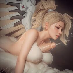 1boy 1girls ai_generated blonde_hair blue_eyes boobjob from_side handsfree_paizuri large_breasts looking_at_another mercy overwatch paizuri tagme xxnikichenxx