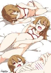 bed_sheet blush bottomless bra breasts brown_hair censored closed_eyes collarbone female hair_between_eyes heart highres looking_at_viewer lying masturbation multiple_views navel oerba_yun_fang on_back open_mouth panties pussy red_eyes shikei short_hair silica skin_fang small_breasts speech_bubble spread_pussy sword_art_online underwear underwear_only