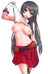 agano_(kantai_collection) aqua_eyes black_hair breasts female flashing gloves kantai_collection lifted_by_self long_hair looking_at_viewer navel nipples open_mouth personification pointy_chin shirt_lift solo tilt-shift tilt-shift_(azalanz)