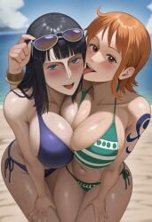 2girls ai_generated big_ass big_breasts big_butt blush blushing_female blushing_profusely breasts_touching breath bubble_butt cleavage deep_cleavage dripping female female_only hand_between_legs hand_on_another's_ass hand_on_thigh huge_ass huge_breasts kissing large_breasts licking licking_cheek licking_face massive_breasts nami nami_(one_piece) narrow_waist nico_robin nico_robin_(post-timeskip)_(cosplay) one_piece open_mouth posing posing_for_the_viewer post-timeskip pre-timeskip pre_timeskip saliva saliva_drip saliva_trail self_upload sweatdrop sweating sweaty sweaty_body sweaty_breasts sweaty_butt thick_thighs time_paradox tongue tongue_kiss wide_hips yeetyboi5000 yuri