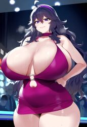 ai_generated bare_legs bbw big_woman bigger_female breasts_bigger_than_head game_freak gigantic_breasts hairband hex_maniac huge_breasts huge_thighs light-skinned_female light_skin long_hair looking_at_viewer massive_breasts nintendo pequod pokemon pokemon_xy purple_eyes purple_hair smiling solo_female squatting sweat sweatdrop thick_body thick_female thick_thighs thighs very_long_hair voluptuous voluptuous_female