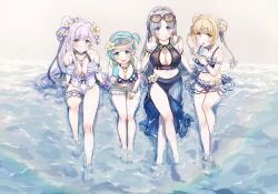 bbb3y1 big_breasts boob_window breasts d4dj eyewear_on_head flower_in_hair fukushima_noa hanamaki_towa hat huge_breasts izumo_saki long_hair niijima_ibuki photon_maiden popsicle sunglasses swimsuit water yuri