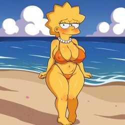 ai_generated bikini blush colored_skin full_body groin highleg highleg_bikini huge_breasts lisa_simpson looking_at_viewer orange_bikini pearl_necklace shortstack smile standing the_simpsons thick_thighs wide_hips yellow_skin zakvar