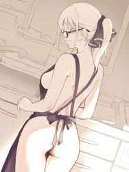 apron asutora asutora-chan black-framed_eyewear black_apron breasts commentary_request female glasses kitchen large_breasts long_hair missionary naked_apron original saliva sex sitting straight sweat white_hair