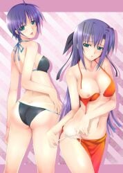 2girls absurdres ass bikini blush breasts ginga_nakajima green_eyes highres long_hair lyrical_nanoha mahou_shoujo_lyrical_nanoha_strikers medium_breasts mikazuki_akira! multiple_girls nipples non-web_source purple_hair short_hair siblings side-tie_bikini_bottom sisters small_breasts subaru_nakajima swimsuit tongue undressing