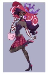 cleavage corset dark-skinned_female dark_skin demon demon_girl fully_clothed hazbin_hotel high_heels red_eyes red_hair ripped_clothing ripped_leggings ripped_pants ripped_pantyhose skirt strawberry_cat velvette