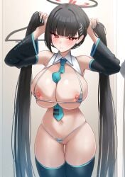 adjusting_hair bikini bikini_bottom_aside bikini_top_aside black_hair blue_archive breasts_out clothes_hanger cosplay dressing_room female_focus halo hands_up hatsune_miku_(cosplay) holding_twintail large_breasts long_hair looking_at_viewer mijikayo mirror nipple_slip red_eyes rio_(blue_archive) slim_waist straight_hair thighhighs tie_between_breasts twintails