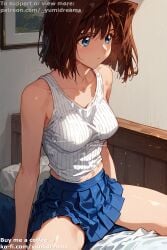 _yumidreams ai_generated anzu_mazaki bare_shoulders bed bedroom blue_eyes brown_hair indoors light-skinned_female medium_breasts miniskirt pleated_skirt tea_gardner yu-gi-oh! yu-gi-oh!_duel_monsters