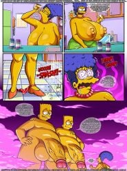 1girls 2boys areolae balls bart_simpson big_breasts big_nipples blue_hair bottomless breasts brompolos cock comic drugs exposed_breasts female genitals giant hallucination huge_balls huge_breasts huge_cock huge_penis hugo_simpson incest male marge_simpson mother_and_son necklace nipples panties penis pills red_panties riukykappa testicles text the_simpsons topless ventzx