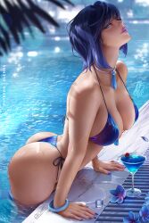 1girls ass bikini blue_hair breasts female genshin_impact green_eyes large_ass large_breasts light-skinned_female light_skin naughty_face no_weird_shit olchas short_hair tags_by_noahsupnosh yelan_(genshin_impact)