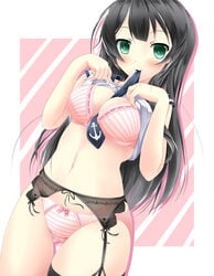 agano_(kantai_collection) akairo_no_mako between_breasts black_hair blush bow bow_bra bow_panties bra breasts cleavage female garter_belt garter_straps green_eyes highres kantai_collection large_breasts long_hair looking_at_viewer mouth_hold navel necktie necktie_between_breasts panties personification pink_bra pink_panties school_uniform shirt_lift smile solo striped striped_bra striped_panties thighhighs underwear