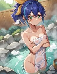 ai_generated celina covering_breasts female female green_eyes looking_at_viewer nude_cover ponytail ribbon serena_(yu-gi-oh!_arc-v) serkai solo towel wading yu-gi-oh! yu-gi-oh!_arc-v