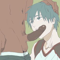 2boys aomine_daiki basketball_uniform blue_eyes blue_hair condom fellatio gay hand_on_head kuroko_no_basuke kuroko_tetsuya male matching_hair_and_eyes multiple_boys oral penis short_hair sports_uniform standing uncensored uniform yaoi