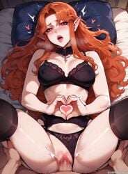 1boy 1girls ai_generated balecxi bra castlevania heart_hands heart_symbol leg_grab lenore_(castlevania) long_hair looking_at_viewer missionary missionary_position on_back orange_eyes orange_hair panties panties_aside pointy_ears pov sex spread_legs thighhighs vaginal_insertion vaginal_penetration vaginal_sex vampire vampire_girl