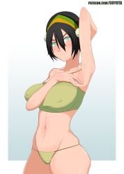 1girls abs alternate_breast_size armpit armpits avatar_legends avatar_the_last_airbender background breasts coyota earth_kingdom female female_only human lipstick nipples pussy solo sweat sweating thick thighs toph_bei_fong