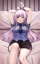 bbb3y1 bed big_breasts chained_to_bed clothing d4dj exposed_panties handcuffs izumo_saki police_uniform small_clothes sweat thick_hips