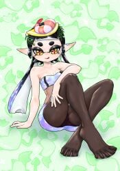 1girls alternate_costume breasts callie_(splatoon) callie_(summer_nights) cleavage hair_ornament koharuno2 looking_at_viewer no_shoes official_alternate_costume panties panties_under_pantyhose pantyhose pointy_ears sitting_on_floor skirt solo solo_female solo_focus splatfest splatoon splatoon_(series) splatoon_3 summer_nights_splatfest tentacle tentacle_hair tongue tongue_out underwear