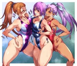 3girls :d ass_visible_through_thighs bare_shoulders blue_mizugi blush breast_press breasts brown_eyes brown_hair cleavage cleft_of_venus clenched_teeth covered_navel dark-skinned_female dark_skin eva_renfield female female_only glasses groin haigure_pose hair_ornament hairclip highleg highleg_leotard highres inner_thigh_dips large_breasts leotard let_this_grieving_soul_retire! liz_smart long_hair mizugi multiple_girls musashino_sekai nageki_no_bourei_wa_intai_shitai open_mouth paid_reward_available ponytail purple_hair purple_mizugi pussy_visible_through_clothes pussy_visible_through_leotard pussy_visible_through_swimsuit red_eyes red_mizugi short_hair sitri_smart smile spread_legs sweat symmetrical_docking teeth variant_set yuri