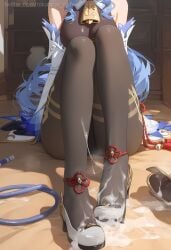 ai_generated big_breasts blue_hair bodysuit cum cum_on_feet cum_on_shoes foot_fetish fully_clothed ganyu_(genshin_impact) genshin_impact miurai shoes solo_female