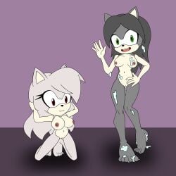 2girls adult adult_and_teenager anthro anthromorphic azmaria_the_hedgehog barefoot black_fur black_hair feet feet_up female glasses green_eyes grey_fur grey_hair hedgehog honey humanoid_feet immortality jsprdraws long_hair mobian_(species) nipples original_character pale_skin pussy red_eyes sega soles sonic_(series) sonic_fan_characters sonic_oc sonic_team sonic_the_hedgehog_(series) sunako_the_hedgehog teenager toes water water_drop waving_hand young young_adult