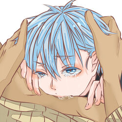 2boys aomine_daiki blue_eyes blue_hair blush deepthroat eente fellatio gay human kuroko_no_basuke kuroko_tetsuya male male_only oral penis saliva short_hair yaoi