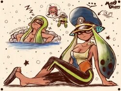 1girls agent_3_(splatoon) agent_8_(splatoon) black_pants breasts captain_hat cleavage eyes_closed in_water inkling inkling_girl looking_at_viewer marodraws nintendo pointy_ears relaxing sandals solo solo_female solo_focus splatoon splatoon_(series) splatoon_3 splatoon_3:_return_of_the_mammalians tentacle tentacle_hair thought_bubble