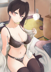 bra breasts brown_eyes brown_hair female kaga_(kantai_collection) kantai_collection lamp lingerie masaoka_misaki navel panties personification short_hair side_ponytail solo thighhighs underwear undressing